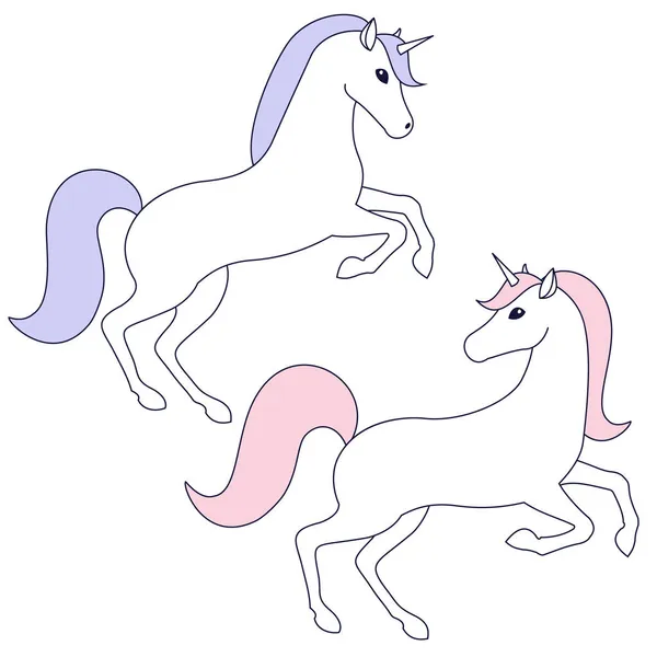 Unicorn Kontur Linear Pada Vektor Latar Belakang Putih Ilustrasi Mitos - Stok Vektor