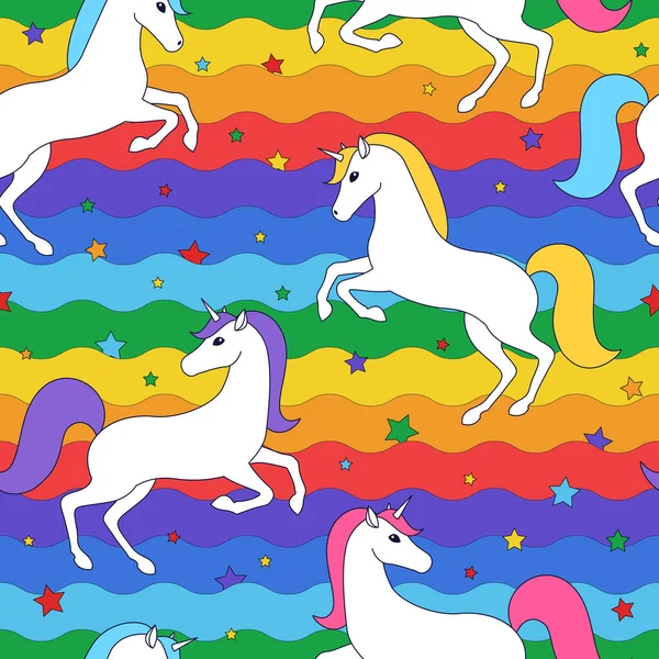 seamless pattern vector illustration colorful background with unicorns rainbow and stars magic baby backdrop