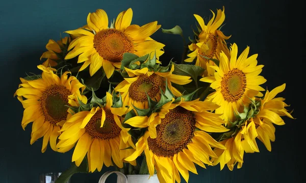 Μπουκέτο Κίτρινα Ηλιοτρόπια Κοντά Ένα Σκούρο Φόντο Floral Φόντο — Φωτογραφία Αρχείου