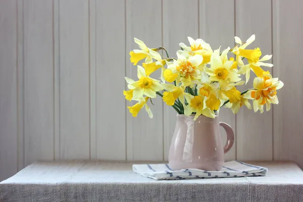 Yellow Daffodils Jug Table Light Rustic Interior Spring Flowers — Stock Photo, Image