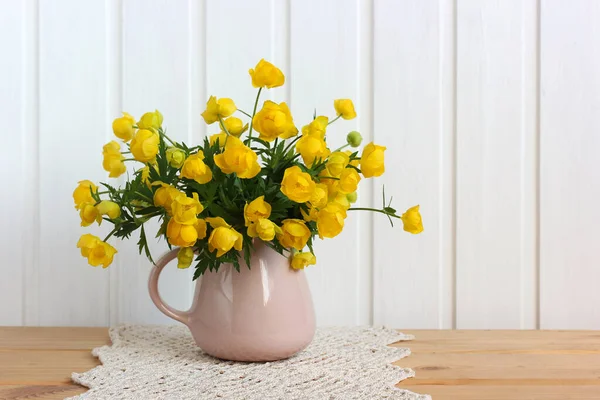 Yellow Flowers Jug Table Lace Napkin Spring Rustic Composition — Stock Photo, Image