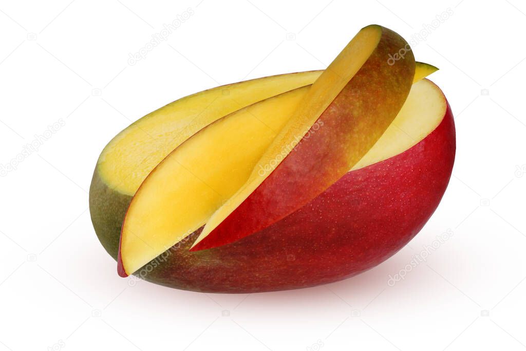 isolated mango half of a tropical fruit and pieces on a white background with a clipping path