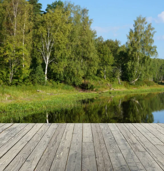 Empty boardwalk on the shore of a forest lake — Stock Photo, Image