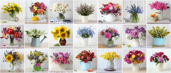 Buquês de jardim e flores selvagens em um vaso — Fotografia de Stock