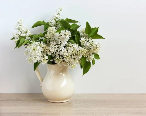 White lilac in a white jug on the table — Stock Photo, Image