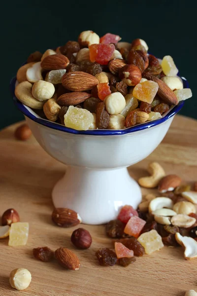 Mixture Dried Fruits Roasted Nut Kernels Cocktail Cashews Hazelnuts Peanuts — Stock Photo, Image