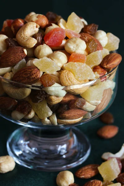 Mixture Peeled Kernels Nuts Dried Fruits Glass Vase Cocktail Cashews — Stock Photo, Image