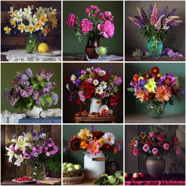 Floraler Hintergrund Sommerliche Rustikale Kompositionen Mit Einem Strauß Vasen Auf — Stockfoto