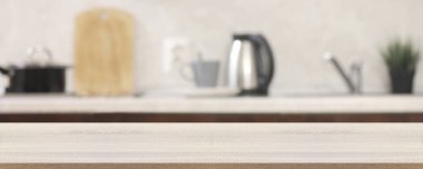 Beyaz arka planda boş bir masa, mutfak tezgahı, ışık duvarında bir raf. Model, düzen, arkaplan.