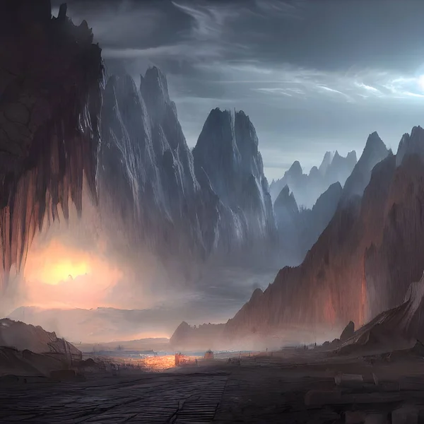 A fantasy landscape with huge mountains.