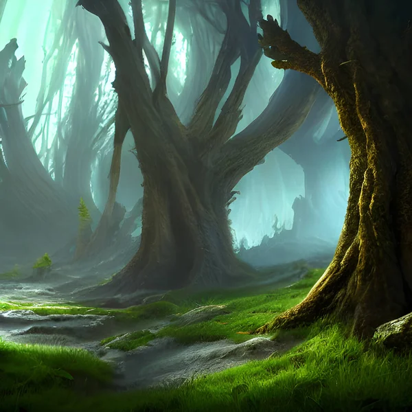 Mysterious foggy forest with gnarled trees. Creepy forest. Fantasy art.