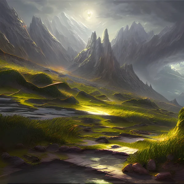 A fantasy landscape with huge mountains. Magical and mysterious.