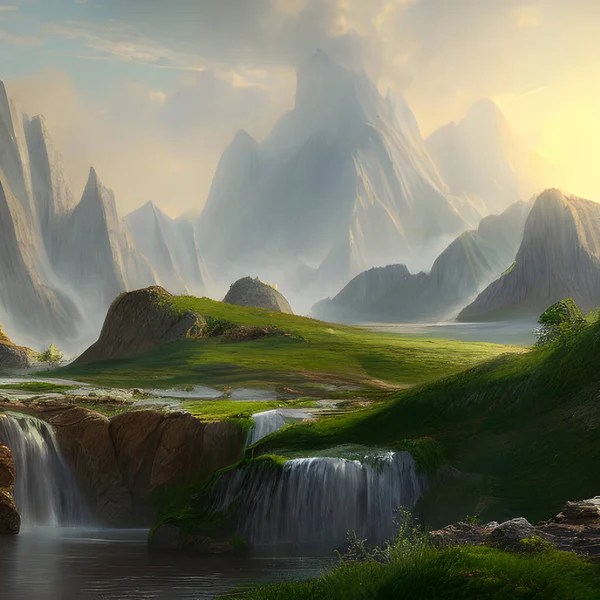 A fantasy landscape with huge mountains and waterfalls.