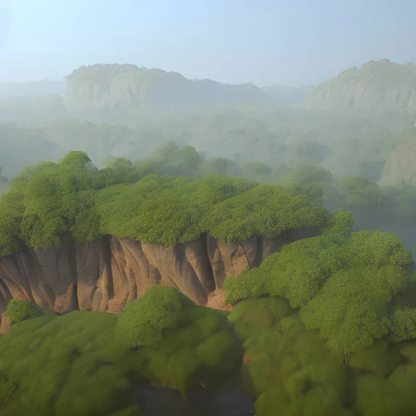 A fantasy landscape with sandstone cliffs and forests.
