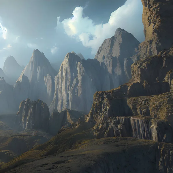 A fantasy landscape with huge mountains. Magical and mysterious.