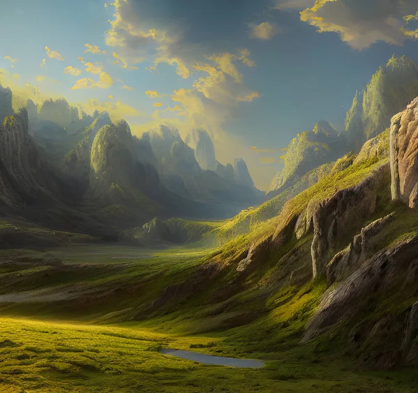 Fantasy landscape with sunset over misty mountains.