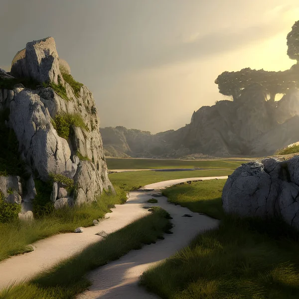 Path through a rocky overgrown fantasy landscape.