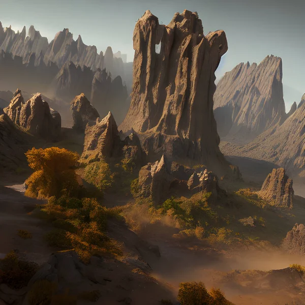 A rocky overgrown fantasy landscape.