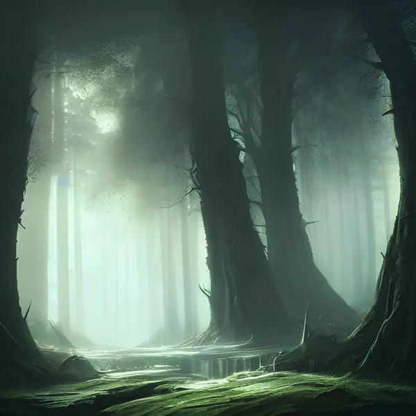 Mysterious forest with large spooky trees.