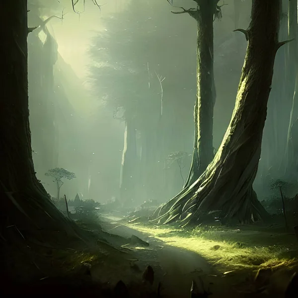 Mysterious forest with large spooky trees.