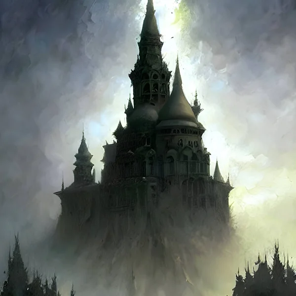 A spooky fairytale castle in the mist.