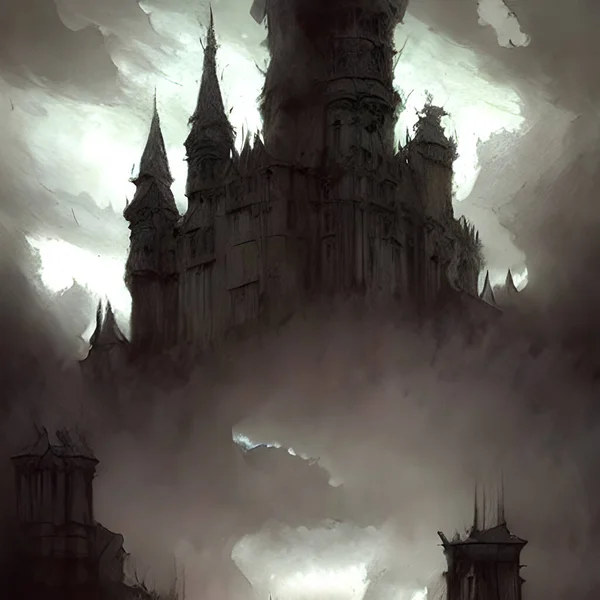 A spooky fairytale castle in the mist.