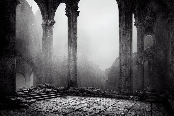 Crumbling interior ruin with arches and columns