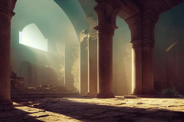 Crumbling interior ruin with arches and columns
