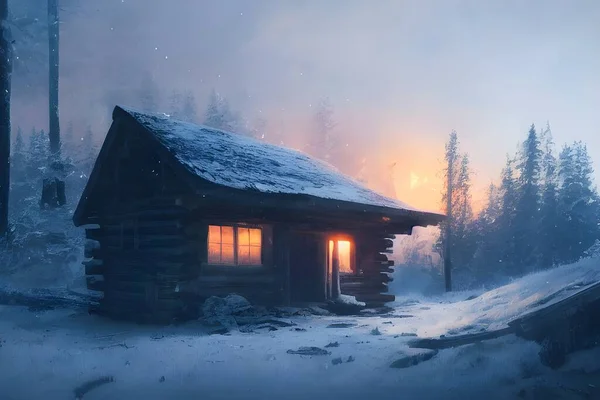 A warm cabin alone in the winter woods.