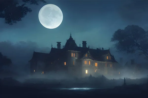 Full moon shines over a creepy haunted house.