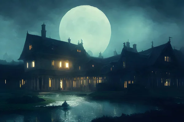 Full moon shines over a creepy haunted house.