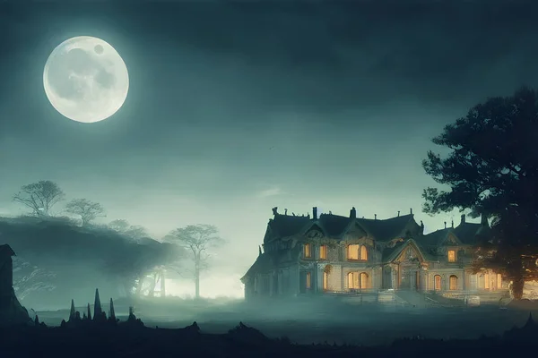 Full moon shines over a creepy haunted house.