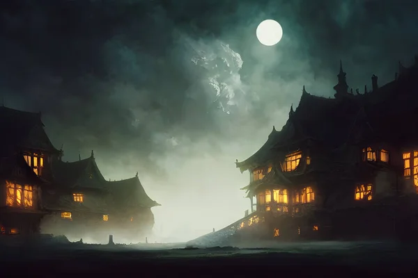 Full moon shines over a creepy haunted house.