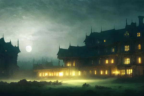 Full moon shines over a creepy haunted house.