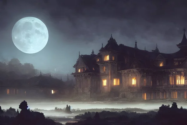 Full moon shines over a creepy haunted house.