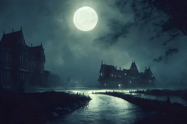 Full moon shines over a creepy haunted house.