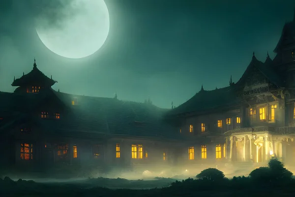 Full moon shines over a creepy haunted house.