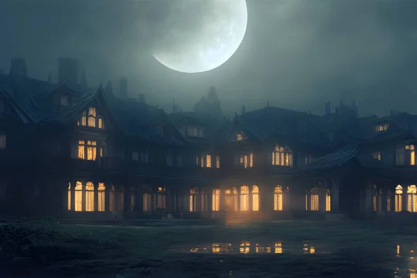 Full moon shines over a creepy haunted house.