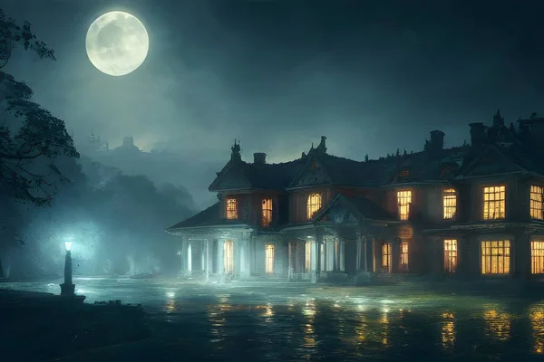 Full moon shines over a creepy haunted house.