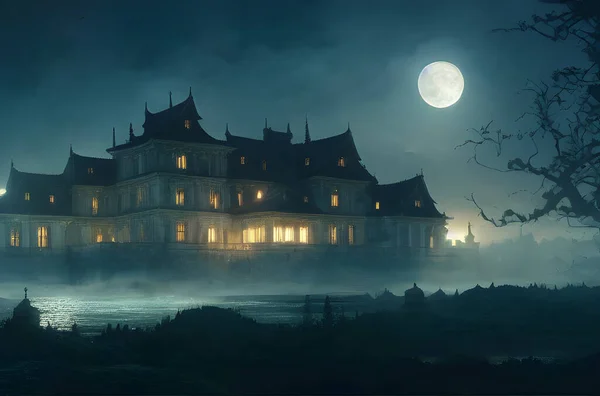 Full moon shines over a creepy haunted house.