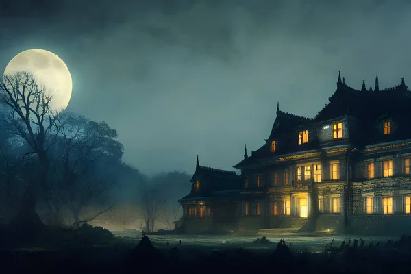 Full moon shines over a creepy haunted house.