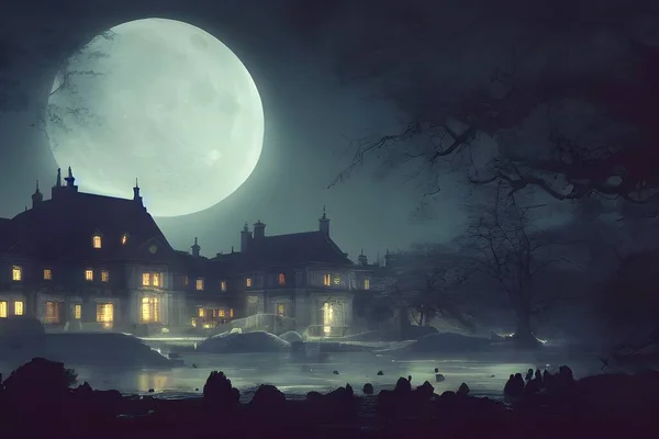 Full moon shines over a creepy haunted house.