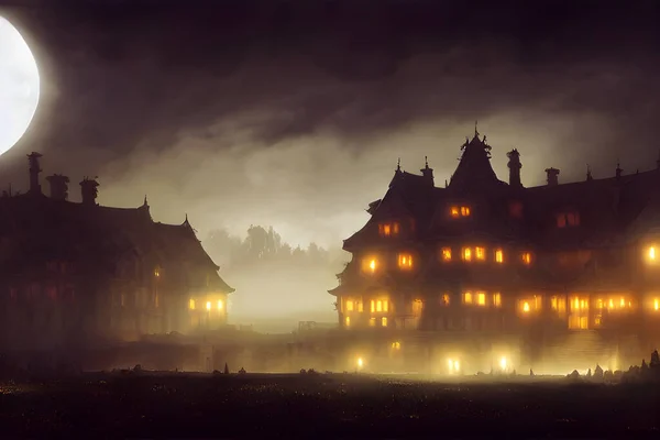 Full moon shines over a creepy haunted house.