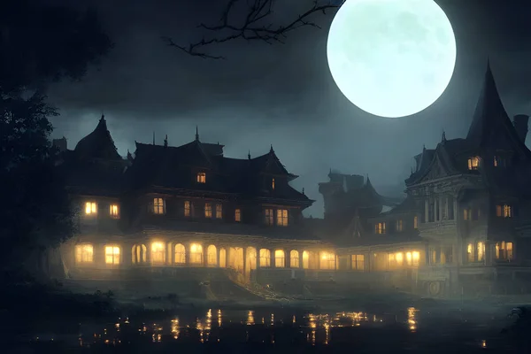 Full moon shines over a creepy haunted house.