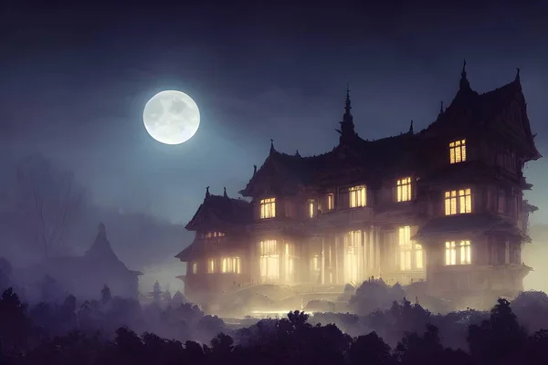 Full moon shines over a creepy haunted house.
