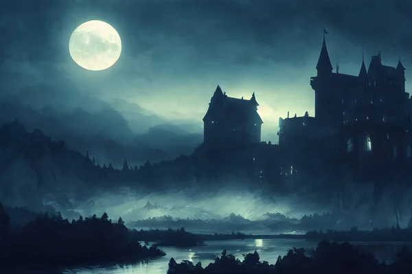 A mighty castle in the moonlight.