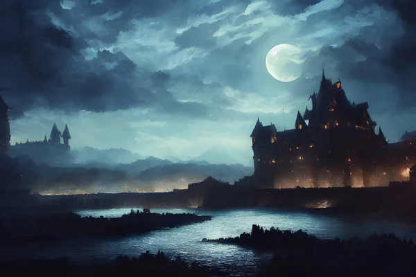 A mighty castle in the moonlight.