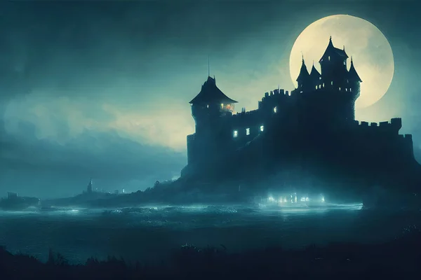 A mighty castle in the moonlight.