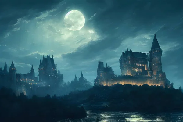 A mighty castle in the moonlight.