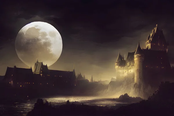 A mighty castle in the moonlight.